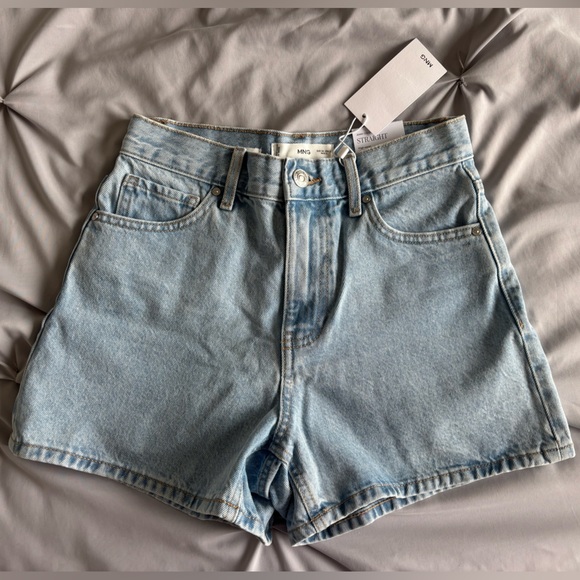 Mango Denim Straight High Waisted Light Blue Jean Shorts Size 34 / 2 NWT - Picture 1 of 5